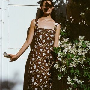 Long Slip Dress Brown Hibiscus Print